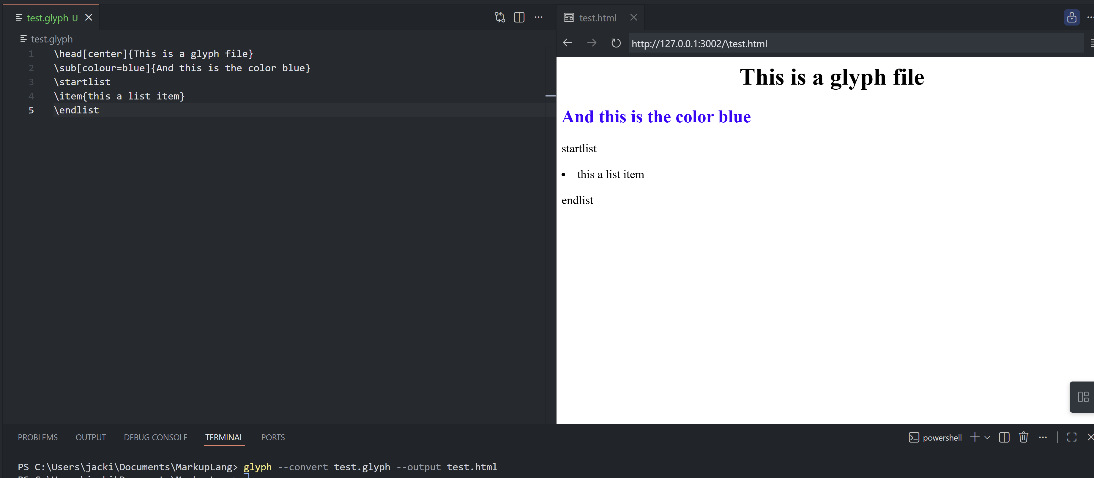 An example of a Glyph file and it's corresponding HTML output